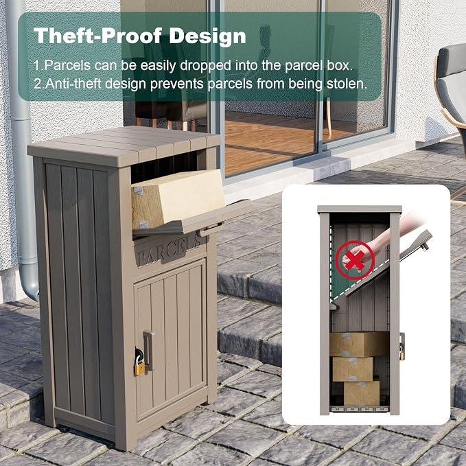 Package Deliver Box,Lockable Outdoor Storage Box,Large Double -Wall Resin Package Delivery Waterproof Deck Box for Porch,Patios (Light Brown, Double Tier)