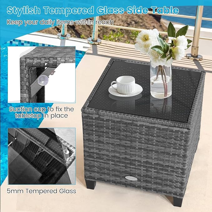 LDAILY Patio Furniture Set, 3 Pieces PE Rattan Wicker Patio Sofa Chairs with Washable Cushion & Glass Table, Outdoor Furniture Conversation Sets for Porch, Balcony, Garden, Poolside (Gray)