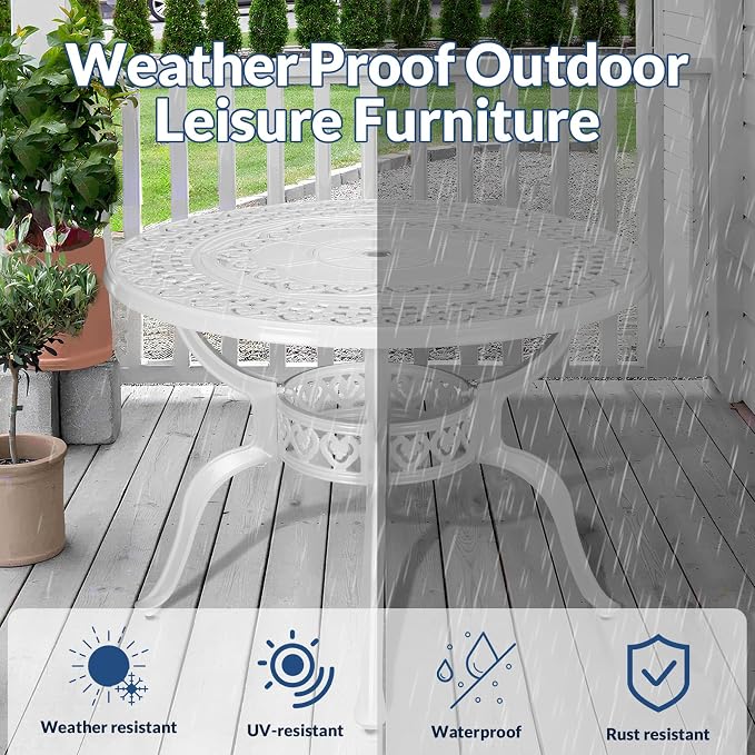 38.5 Inch Outdoor Dining Table Round Patio Table Bronze Cast Aluminum Rustic Large Table with Umbrella Hole, White