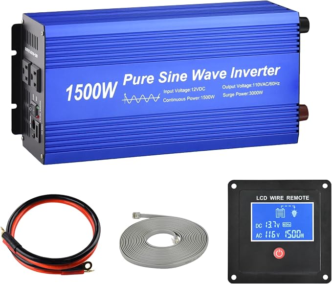 Pure Sine Wave Power Inverter DC12V to AC 110V with Dual sockets and USB, LCD Remote kit. (1500W)