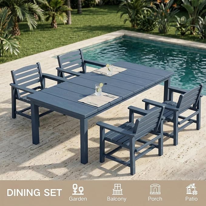 Kingdura 5 Piece Patio Dining Set for 4, 75.2'' HDPE Outdoor Dining Table Set with 2" Umbrella Hole, Weather-Resistant Outdoor Furniture, Table and Chairs Set for Backyard Pool Garden, Blue