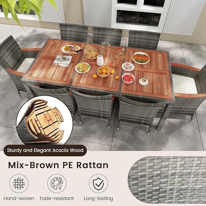 KOTEK 9 Piece Outdoor Dining Set, Wicker Patio Dining Set for 8 with Acacia Wood Table & Chairs, 1.96'' Umbrella Hole, Patio Table and Chairs Set for Backyard, Deck, Garden (Mix Grey)