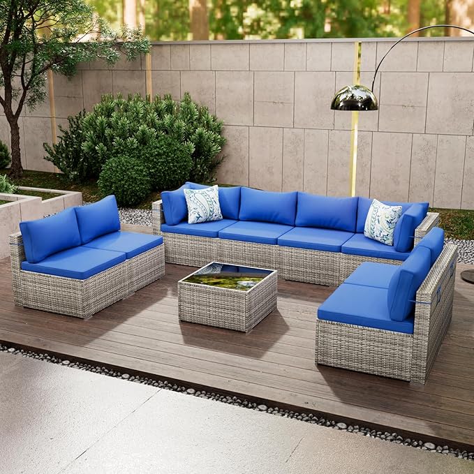 9 Piece Patio Furniture Set, Outdoor Wicker Patio Sofa Set, PE Rattan Sectional Couch with Glass Table and Blue Cushions, All-Weather 9 Piece Outdoor Patio Furniture Sets, Grey