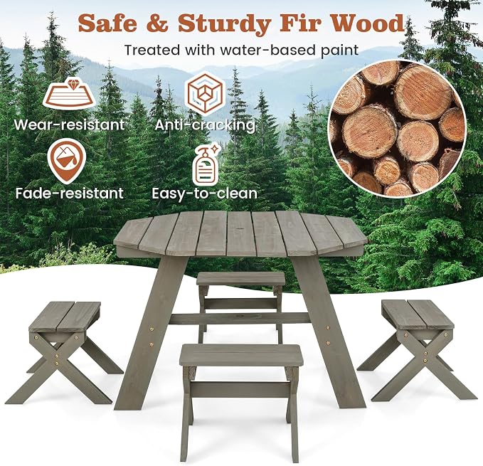 Costzon Kids Picnic Table, Fir Wood Octagon Kids Table and Chair Set with Removable Umbrella, Toddler Activity Table for Backyard, Garden, Patio, Kids Outdoor Furniture for Boys Girls (Grey)
