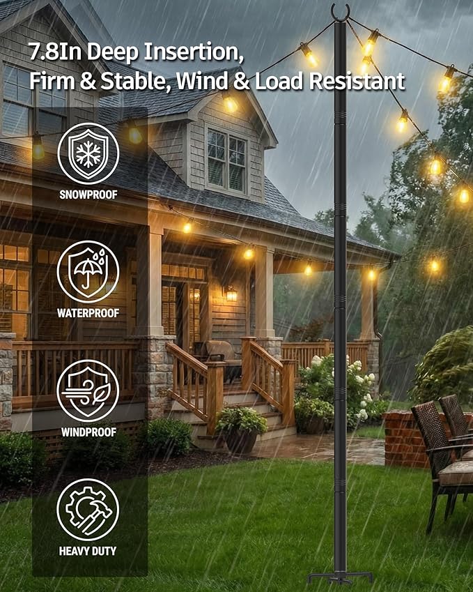 LAND·VOI Outdoor String Light Poles 2 Pack, Heavy Duty String Light Poles for Outside with 5-Prong Base & Adjustable Height, Perfect for Backyard, Patio, Garden, Fence and Party Decor