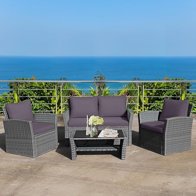 Tangkula 4 Pieces Patio Furniture Set, All Weather Outdoor Sectional Rattan Sofa Set with Cushions & Tempered Glass Table, Wicker Conversation Couch Set for Backyard Garden Poolside