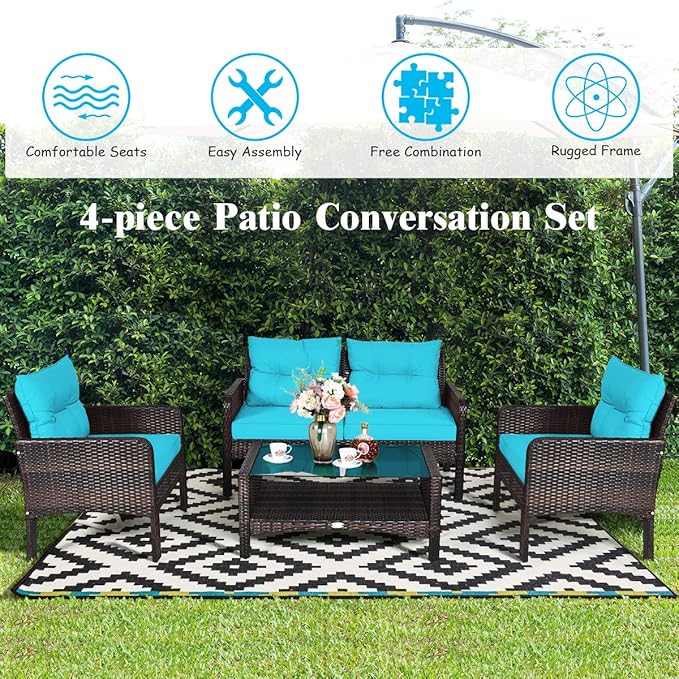 Tangkula 4 Piece Patio Furniture Set, Outdoor Wicker Conversation Set with Glass Top Coffee Table, All Weather Proof and Thick Cushions, Suitable for Porch, Garden, Poolside and Lawn (Turquoise)