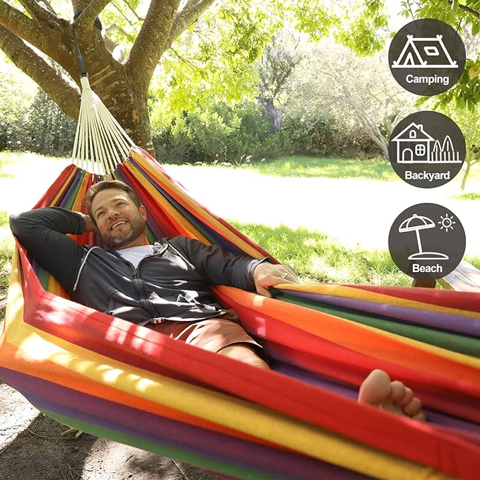 CHULIM Brazilian Double Hammock with Tree Straps,Extra Large 94x63IN,2 Persons Hammock for Backyard Patio Outdoor and Indoor,450lbs Weight Capacity,Soft Woven Cotton Fabric - Beige Brown Stripe