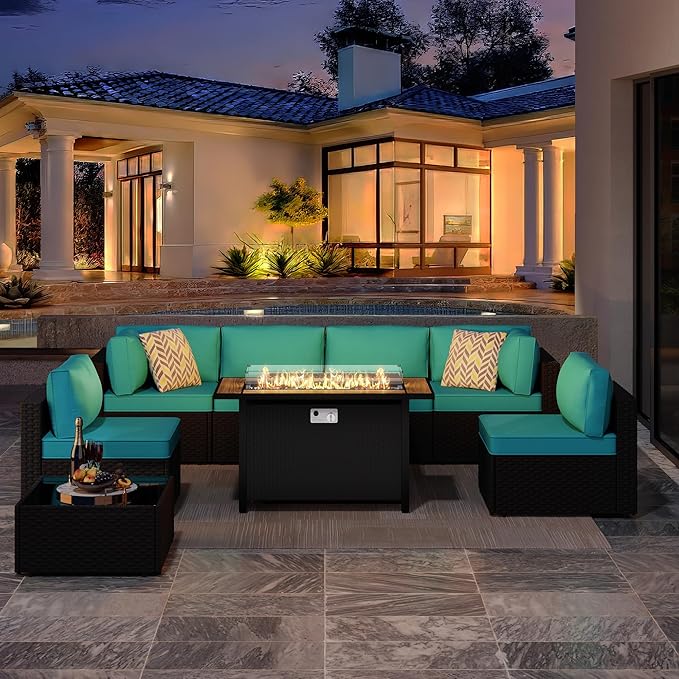 JAMFLY 8 Piece Outdoor Patio Furniture Set with Propane Fire Pit Table, All-Weather PE Wicker Rattan Sectional Sofa Set with Thick Cushions for Backyard, Garden, Poolside(Blue, Black)