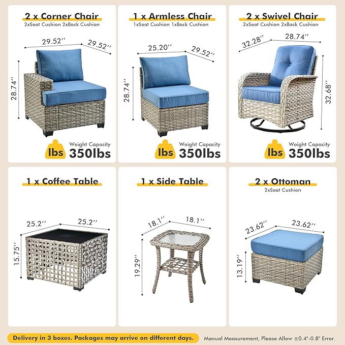 9 Pcs Outdoor Sectional Patio Furniture Set with Swivel Rocking Chair and Ottomans - All Weather Wicker Outside Sectional Couch,Patio Seating Outdoor Conversation Sets for Deck Yard Garden,Blue