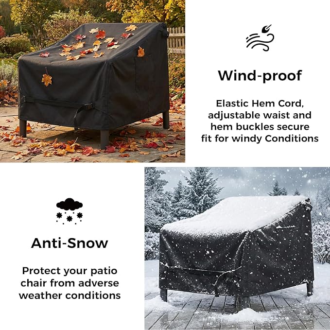 Dntorx 2 Pack Waterproof Patio Chair Covers, 37W x 40D x 30H Inches Durable Patio Furniture Covers with 1 Handbag for Lounge Deep Seat, Adjustable Waist Belt & Windproof & Breathable(Black)