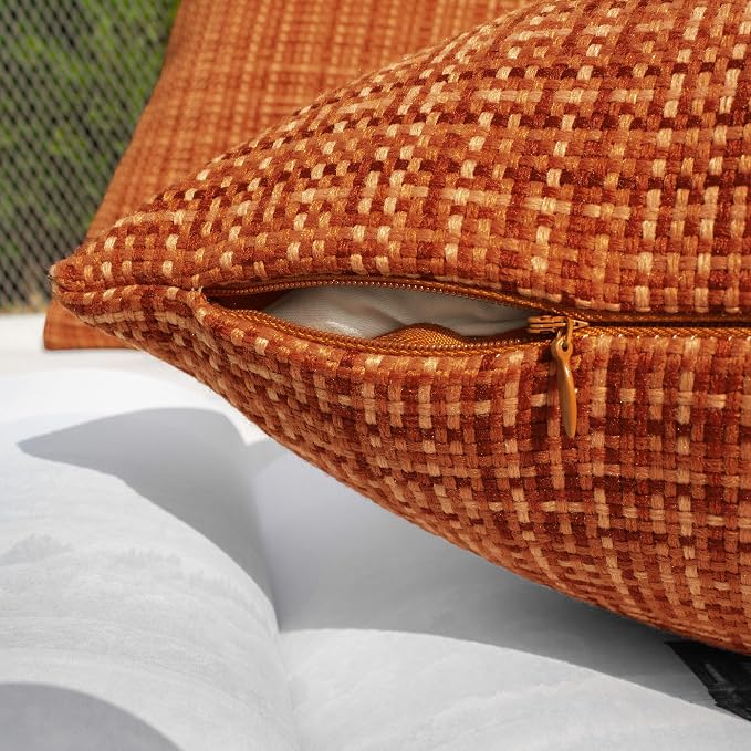 Kevin Textile Outdoor Waterproof 12"x24" Pillow Covers 2 Pack, Burnt Orange | Fall Water Resistant, Faux Linen Yarn-dyed, Woven Texture Throw Pillow Covers for Tent Patio Garden Couch Sofa