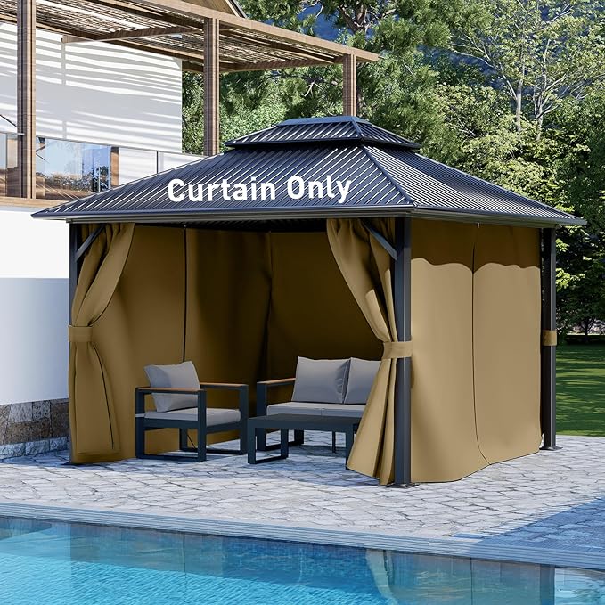 Aoodor 10x10 ft Outdoor Gazebo Curtains, 4 Panels Waterproof Privacy Sidewall Replacement with Zipper for Patio Pergola and Canopy, Khaki