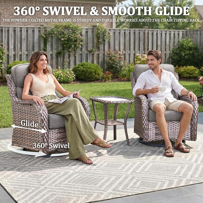 Luxury Swivel Rocker Chairs Fire Pit Table Set with 6" Thick Cushion 5 piece Wicker Outdoor Patio Chair with Sofa,Comfortable High Back Outdoor Patio Furniture Set - Brown | Gery