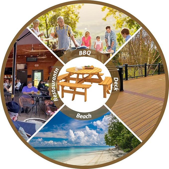 8 Person Outdoor Circular Round Wooden Picnic Table Built-in Benches for Patio Backyard Garden with Umbrella Hole Wood Color (Large(8-Person))