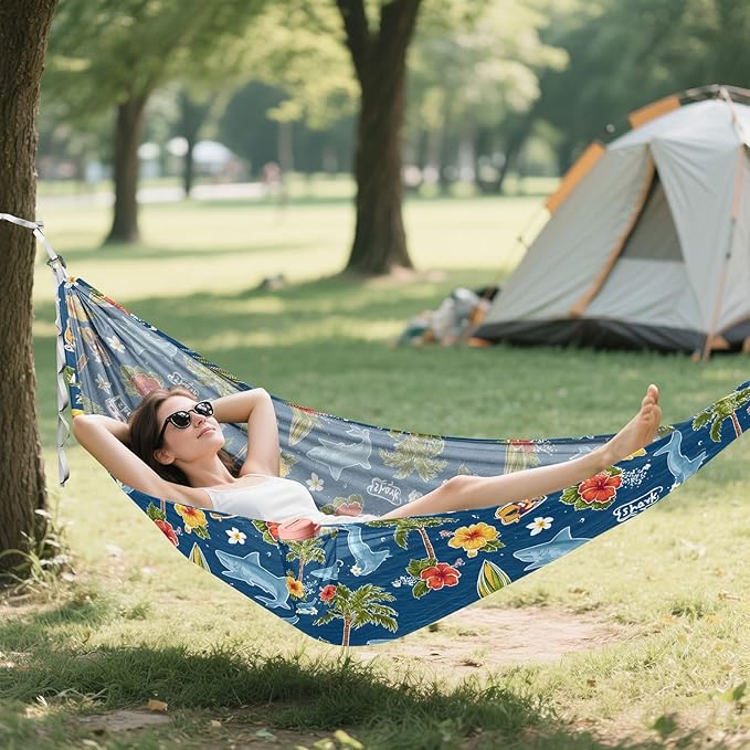 Camping Hammock Outdoor Hammocks for Outside Flower Shark Ocean Beach Trees Portable Lightweight with Pockets Tree Straps Indoor