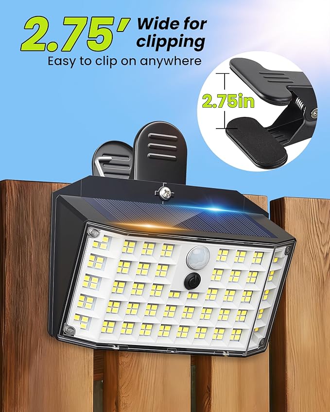 Clip on Solar Lights Outdoor with Motion Sensor, 800LM 176LED Solar Fence Lights Outdoor Waterproof, 3 Modes & Portable Security Lights for Chain Link Patio Deck Yard Garage(4Pack)