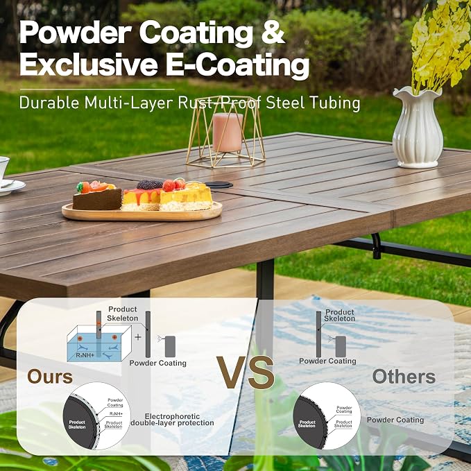 SUNSHINE VALLEY 64" Patio Dining Table for 6,Teak Color Rectangle Patio Table with Umbrella Hole,E-Coating and Powder Coating Steel Frame Metal Outdoor Patio Table for Garden Backyard Lawn Yard