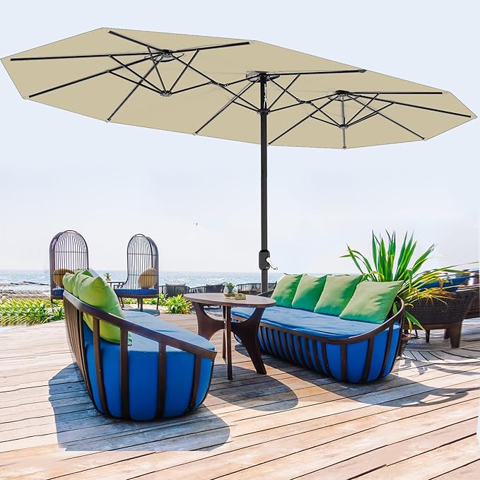 GarveeLife 13 ft large patio umbrella, Double-Sided outdoor umbrellas with Fade Resistant Canopy for Deck Pool Garden Backyard (Beige, 13 ft)