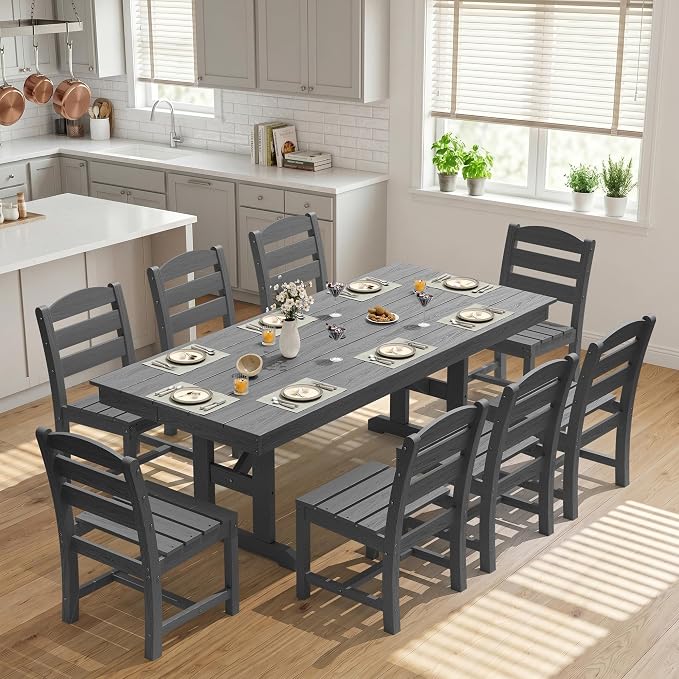 KINGYES 8-Seat Outdoor Patio Dining Set,84 inch HDPE Rectangular Table and Chairs Set，Waterproof Furniture Set with Umbrella Hole for Backyard,Grey