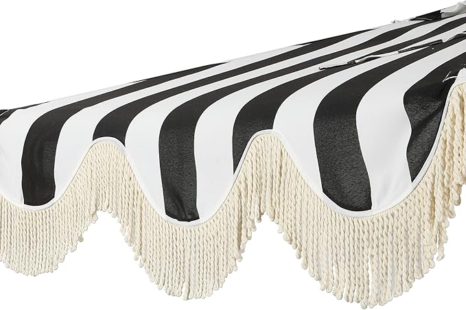 JONATHAN Y Beverly 9 ft. Coastal Black and White Striped Half Patio Umbrella with Scalloped Fringe, Crank Lift, and Manual Tilt for Balcony, White Pole UMB1201H