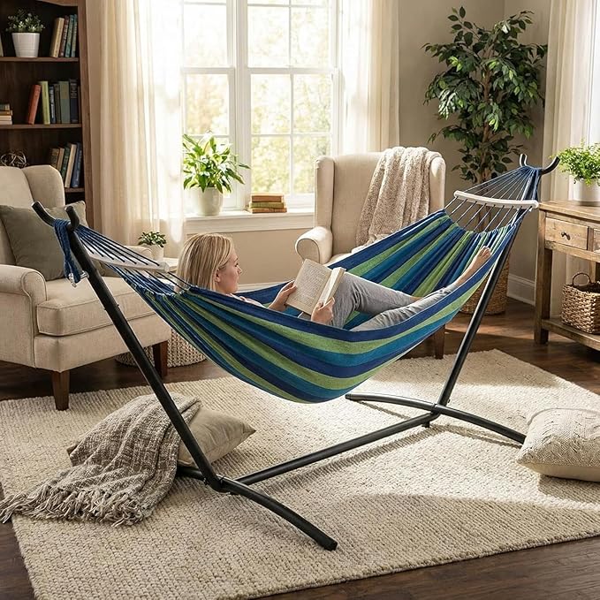 Heavy-Duty 450lbs Portable Hammock with Adjustable Steel Stand, Premium Poly-Cotton Fabric Camping Hammock with Carry Bag, Ideal for Patio, Garden and Backyard Outdoor Relaxation