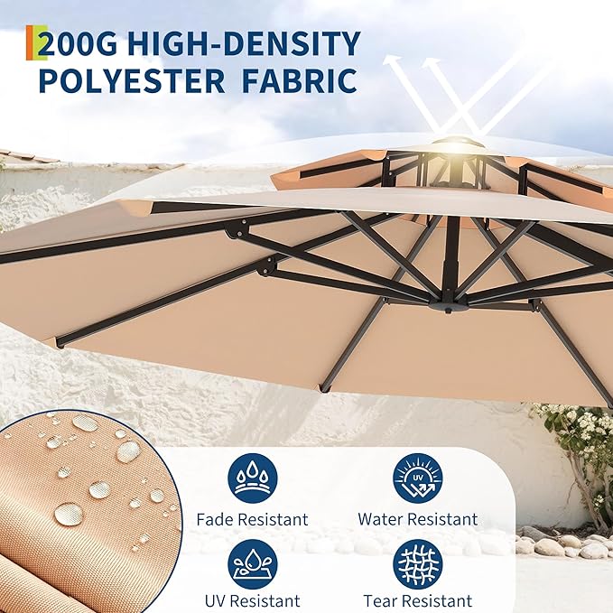 GarveeLife 10FT Patio Umbrella, Offset Cantilever Outdoor Patio Table Umbrella, UV Protection, Fade Resistant Polyester, Easy Tilt Adjustment for Pool, Deck, Garden, Backyard, Khaki