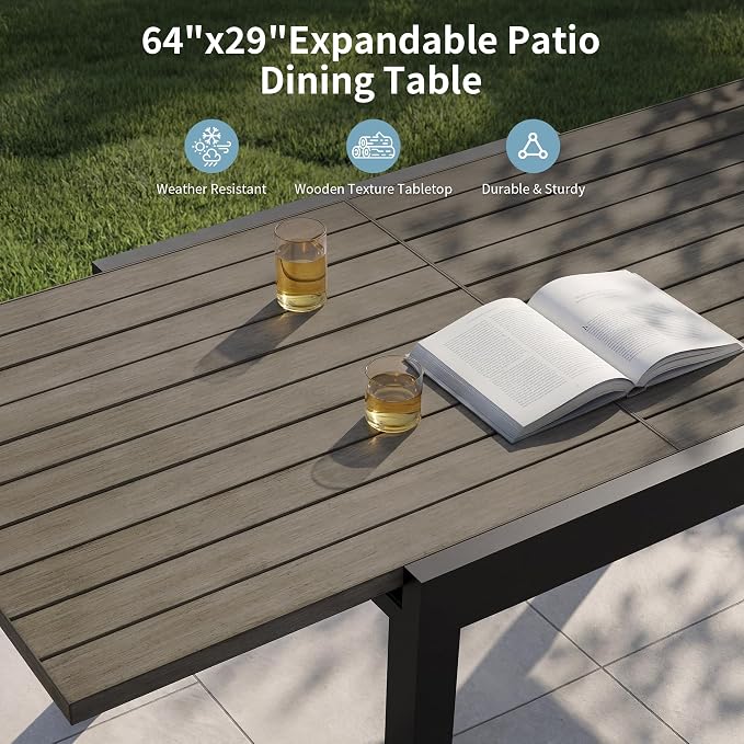 Expandable Patio Dining Table for 4-6 Person, Aluminum Extendable Outdoor Table, 32"-65" Adjustable Patio Table, Square/Rectangular Outdoor Accent Table for Garden, Backyard, Poolside, Gray