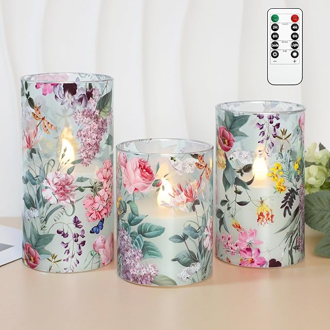 Silverstro Floral Flameless Candles with Remote Timer, Pink Rose and Lilac Pattern LED Glass Candles, Battery Operated for Home Party Wedding Christmas Spring Valentine's Day Decor, Set of 3