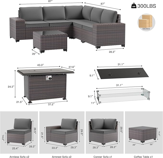 7 Pieces Outdoor Patio Furniture Set with 43"/55000BTU Gas Fire Pit Table,PE Rattan Wicker Outdoor Conversation Sofa Set Non-Slip Cushions Waterproof Covers for Backyard,Poolside,Garden,Grey