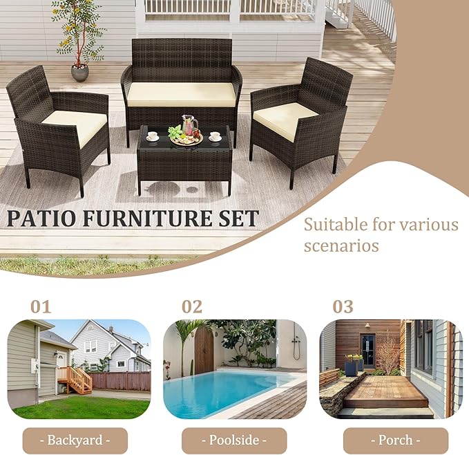 KOTEK 4 Piece Patio Furniture Set, Outdoor Rattan Conversation Set with Loveseat, Wicker Chairs, Tempered Glass Coffee Table, Wicker Patio Set for Backyard, Porch Beige