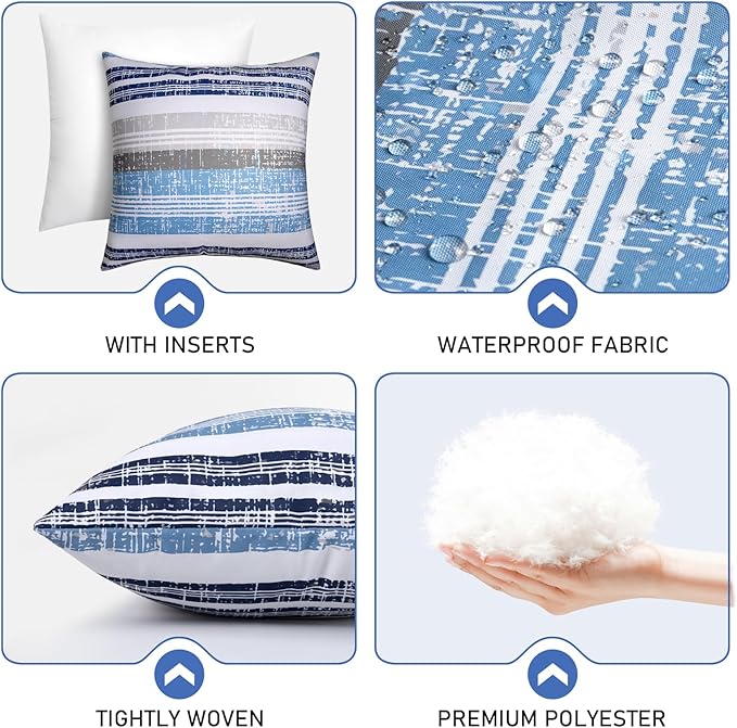 Pack of 2 18x18 Outdoor Pillows, Waterproof Throw Pillows with Inserts, Decorative Patio Pillows for Garden, Couch, Furniture, Sofa, Bed, Living Room(Stripe Blue White)