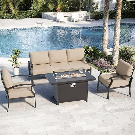 ALAULM Aluminum Patio Furniture Set with Propane Fire Pit Table 5-seat Metal Outdoor Furniture w/Fire Pit Sectional Sofas w/5.1" Cushions for Patio, Backyard, Poolside-Sand