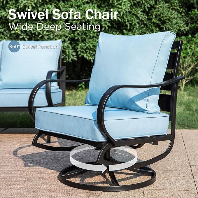 PHI VILLA 6 Piece Patio Furniture Sets with 1 x 3-Seat Deep Seating Bench, 2 x Cushioned Swivel Sofa Chairs, 1 x Coffee Table & 2 Ottoman, Outdoor Metal Conversation Set for Lawn Garden, Light Blue