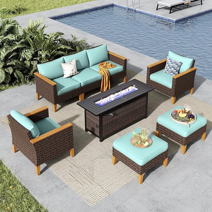 MFSTUDIO 7 Piece Wicker Patio Furniture Set with 56" Fire Pit Table, All-Weather PE Rattan Patio Sectional Sofa Conversation Set with 50000 BTU Fire Pit Table, Ottoman & Aqua Blue Cushion