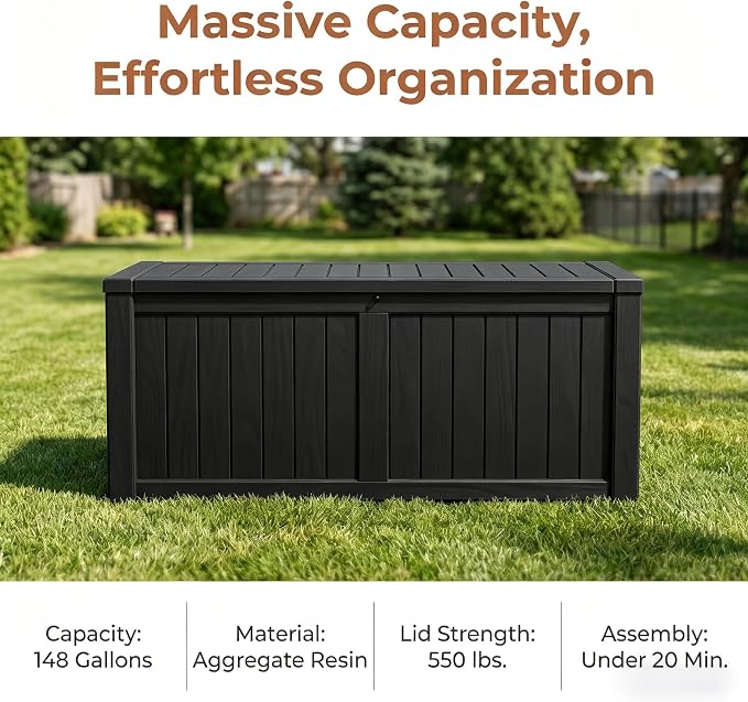 148 Gallon Resin Deck Box - Outdoor Storage Chest for Patio Furniture Cushions, Garden Tools, Pool Accessories & Backyard Organization Lockable Waterproof All-Weather Wood Grain Design, Easy Assembly