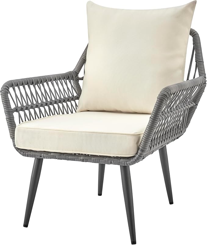 Manhattan Comfort Portofino 4-Piece Patio Conversation Set, Rope Wicker Design with Waterproof Cushions | Outdoor Furniture Includes 2 Armchairs, Loveseat & Coffee Table with Tempered Glass Top, Cream