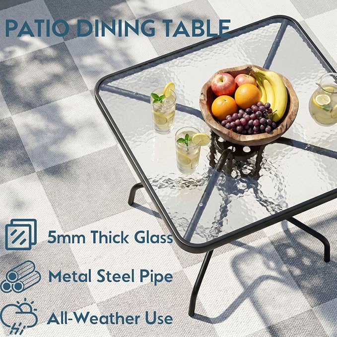 Arlopu 5 Piece Outdoor Patio Dining Set (Umbrella not Included), Porch Furniture with 4 Textline Chairs, 1 Square Glass Table for Garden, Backyard and Poolside, Lawn (Black)