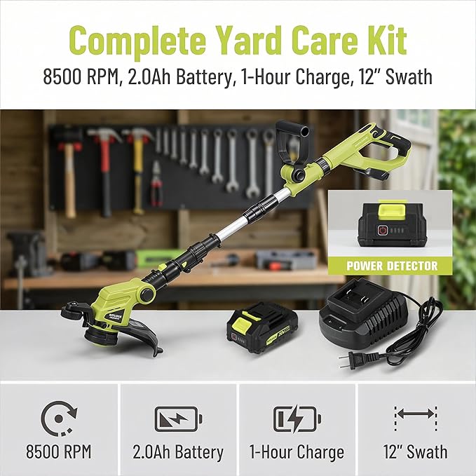 KITLUCK Cordless String Trimmer & Edger, 20V Electric Lawn Mower Weed Cutter with Auto Line Feed, 12″ Grass Trimmer Edger Lawn Tool with 4 PCS Spool Line and 2.0Ah Battery for Lawn Care, Yard, Garden