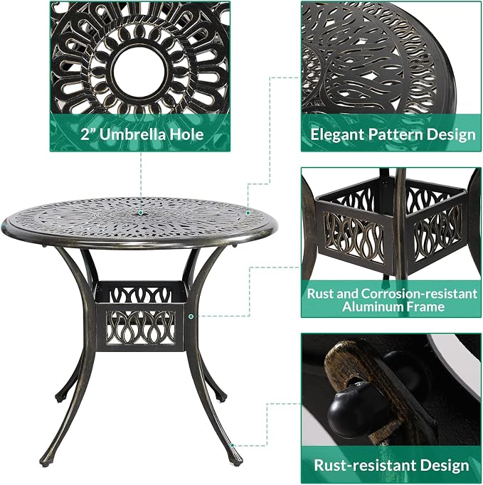 VIVIJASON 3-Piece Outdoor Patio Bistro Set, All-Weather Cast Aluminum Furniture Dining Sets Include 2 Cushioned Chairs and 35.4" Round Table w/Umbrella Hole for Balcony, Lawn, Garden, Backyard
