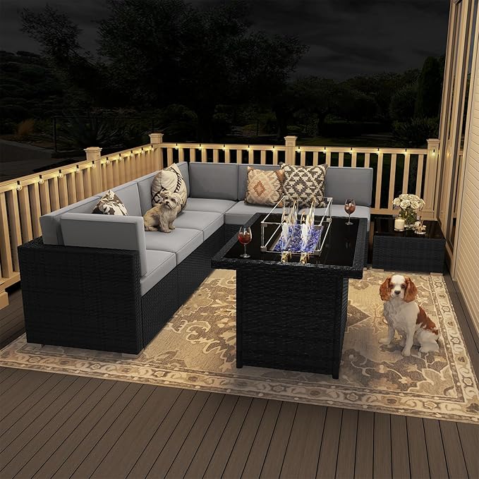 8 Pieces Patio Furniture Set with 44" Propane Gas Fire Pit Table, Outdoor Sectional Wicker Conversation Sofa Sets with Coffee Table