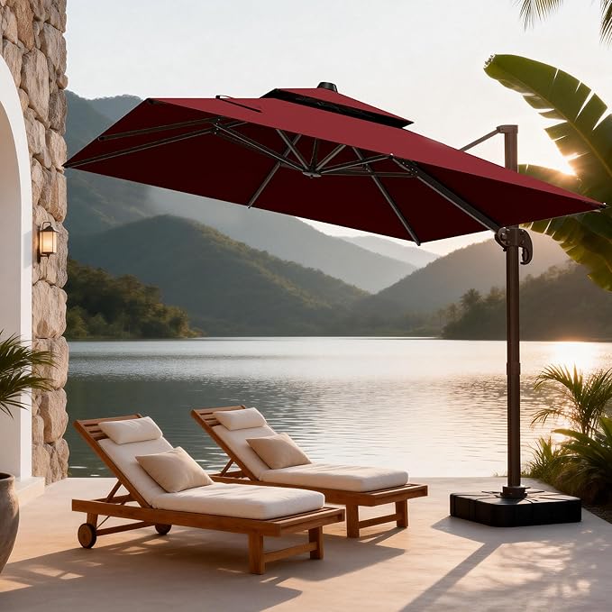 10x10Ft Patio Umbrella Outdoor Cantilever Rectangle Umbrella, 6-Level Tilt & 360° Rotation Offset Umbrella for Garden, Deck, Pool(Red)