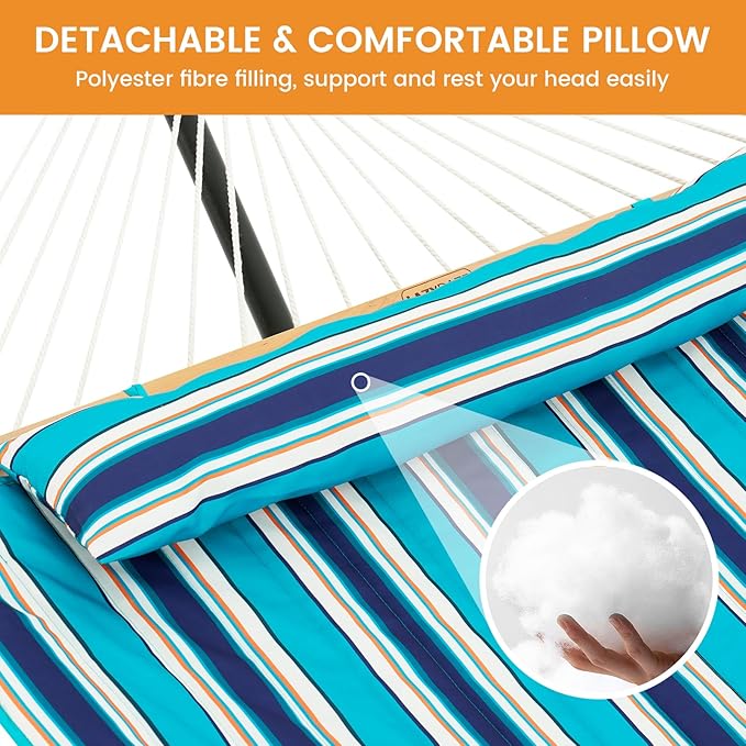Lazy Daze Hammocks 2 Person Hammock Pad and Pillow Set, Double Polyester Quilted 78" x55" Replacement Pad for Rope Hammock, Turquoise Blue Stripes