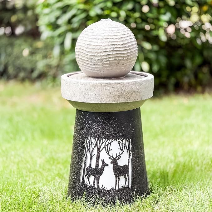 Outdoor Water Fountain with LED Lights Deer Forest Design Garden Water Fountain with Rolling Ball Modern Patio Backyard Water Feature Decorative Resin Fountain for Yard Porch Lawn Decor 32 Inch