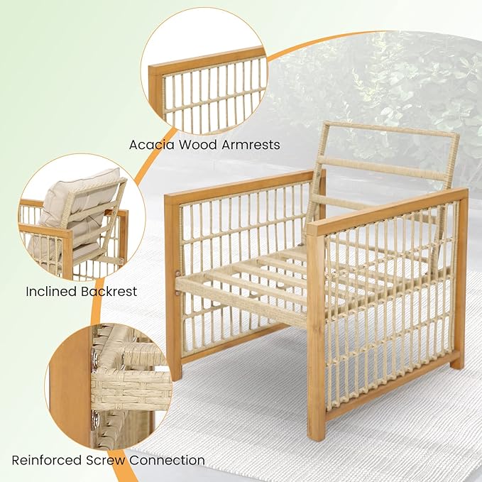 HAPPYGRILL 3 Pieces Patio Furniture Set, PE Wicker Conversation Set with Soft Seat & Back Cushions, Stable Acacia Wood Frame, Outdoor Sofa Set for Backyard, Porch, Poolside