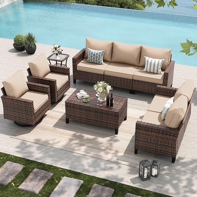 Amopatio Patio Furniture Set, 6-Piece Wicker Outdoor Sectional Sofa with Swivel Rocker Chairs, Rattan Conversation Set with Storage Coffee Table and Waterproof Cover for Backyard Brown/Khak