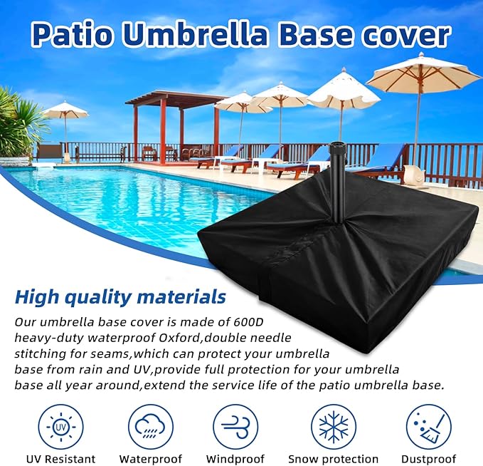 Patio Umbrella Base Cover Heavy Duty Polyester Weather-Resistant Waterproof Outdoor Offset Umbrella Stand Base Covers 36"L x 36"W x 8.5"H Anti-UV Anti-Fade Outdoor Umbrella Base Cover Square (Black)