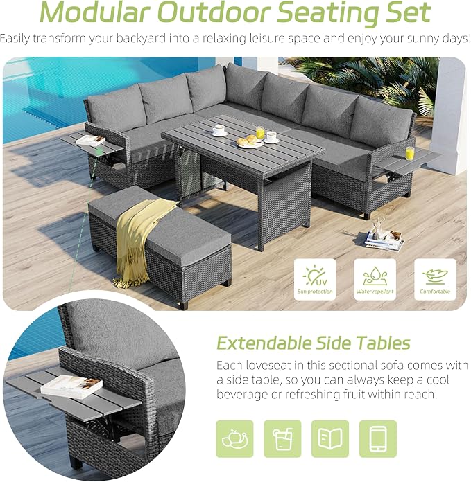 GDFStudio Brava Patio 5-Piece Conversation Set, Outdoor Rattan Sectional Sofa Set with Extendable Side Tables, Dining Table and Bench, L Shaped PE Wicker Furniture Set for Garden, Poolside, Grey