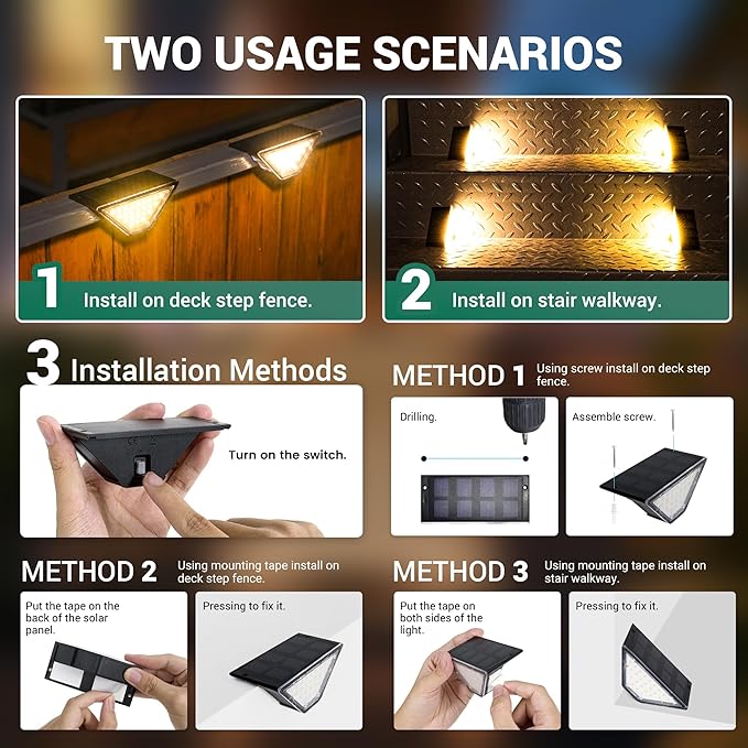 PATIOWIN 8 Pack Solar Step Lights for Outside, 24 LEDs Solar Stair Lights Waterproof IP65, Solar Deck Lights Outdoor Decor for Garden, Porch, Pathway, Patio, Fence(Warm White)