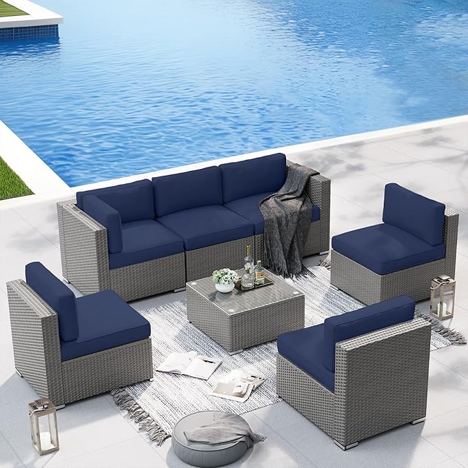 SUNCROWN Outdoor Patio Furniture Set 7 Piece Outdoor Sectional Sofa Grey Wicker Conversation Sofa Set with Coffee Table and Cushions,Dark Blue